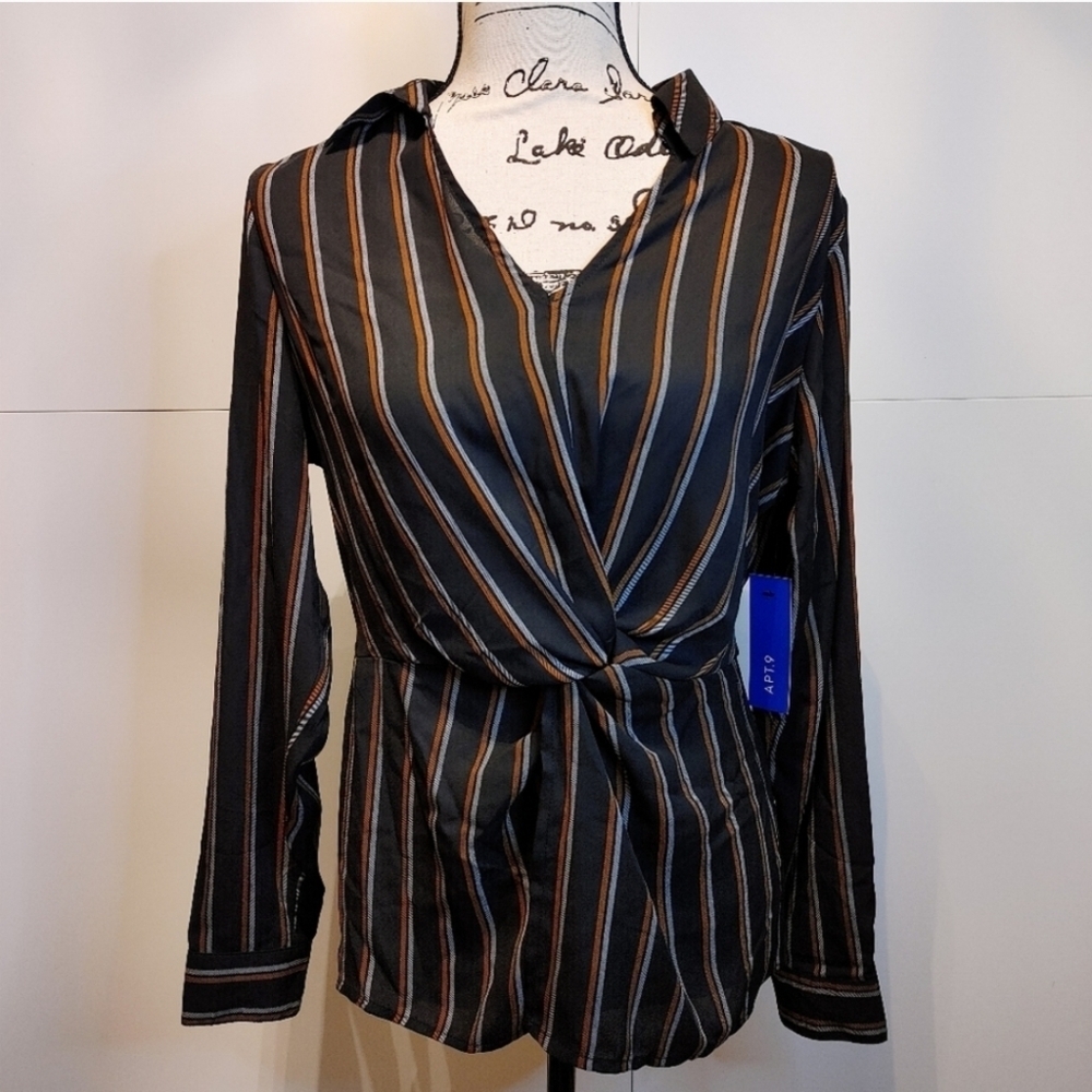 Apt 9 NWT Twist Front Surplice Blouse Black Orange Stripe Career Top Medium